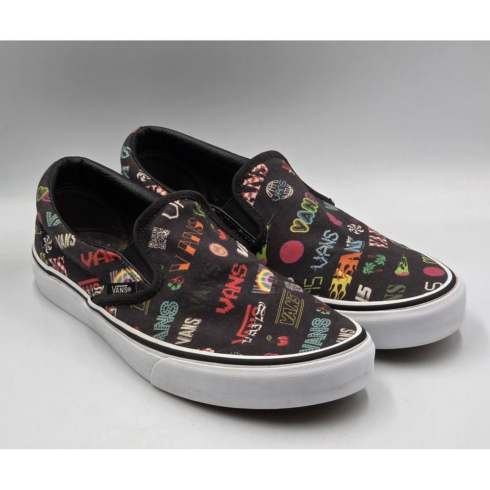 Unisex Vans Classic Slip On Disruptive Low Black White Logo Print Men 7 Wmn 8.5